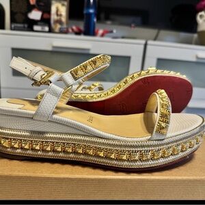 Christian Louboutin Cataclou 60mm White & Gold Studded Espadrille Sandals – 40